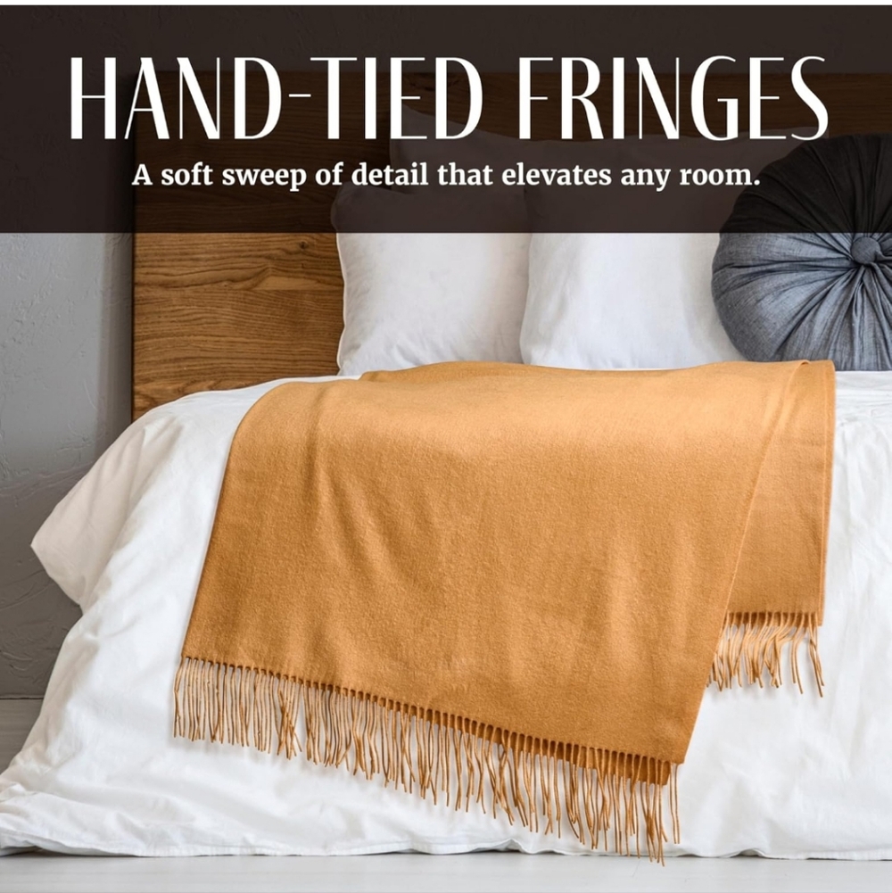 Luxurious 100% Cashmere Throw Blanket 60x54" - Soft Warm Fringe in Camel